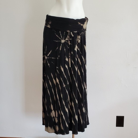 Kathmandu Skirts Kathmandu Imports Maxi Skirt Black Tan Tie Dye Drawstring Waist Foldover